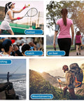 Collage: woman playing tennis, person walking with phone, crowd at sports match, man fishing, hiker on mountain trail.