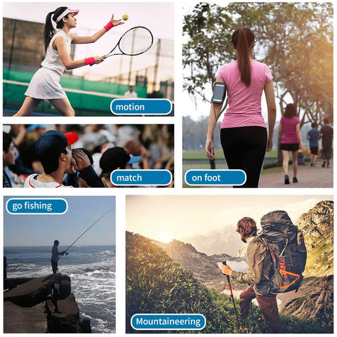 Collage: woman playing tennis, person walking with phone, crowd at sports match, man fishing, hiker on mountain trail.