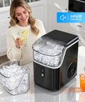 Quick Chill Countertop Nugget Ice Maker Churns Out Soft Chewable Pellet Ice In Eight Minutes With Solid Daily Capacity, featuring ice-filled container.