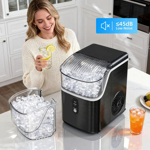 Quick Chill Countertop Nugget Ice Maker Churns Out Soft Chewable Pellet Ice In Eight Minutes With Solid Daily Capacity, featuring ice-filled container.