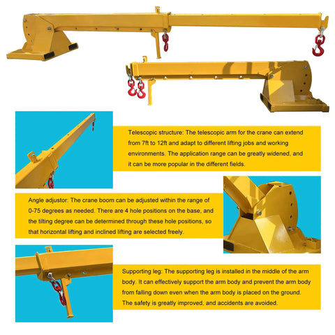 Beefy Workhorse Forklift Telescopic Jib Boom With 2 Ton Capacity And 0 To 75 Degree Tilt Plus 7 To 12 Foot Reach Extender close-up with dual hooks.