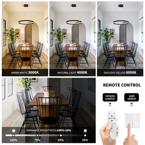 Slick Modern LED Chandelier With Remote Control, 60W Black Ring Ceiling Light Dimmable 3000K Warm To 6000K Cool White For Dining Room
