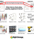 One Handed Tear Pegboard Paper Towel Holder, Stainless Steel, Hooks to Any Pegboard with various holders and tools displayed.