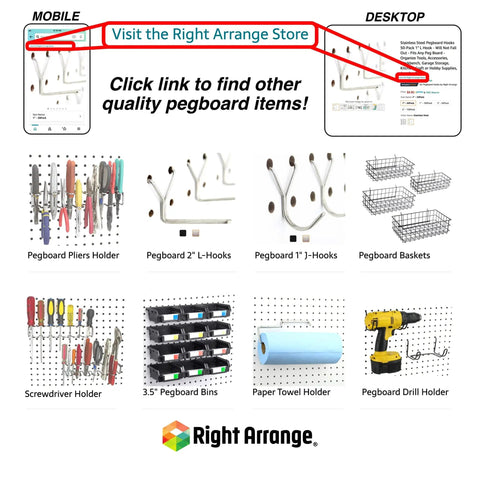One Handed Tear Pegboard Paper Towel Holder, Stainless Steel, Hooks to Any Pegboard with various holders and tools displayed.