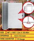 Heavy Duty Hardware Cloth With One Half Inch Square Openings, 48 Inch By 100 Foot Roll, 19 Gauge, Double Layer Hot Dip Galvanized After Welding