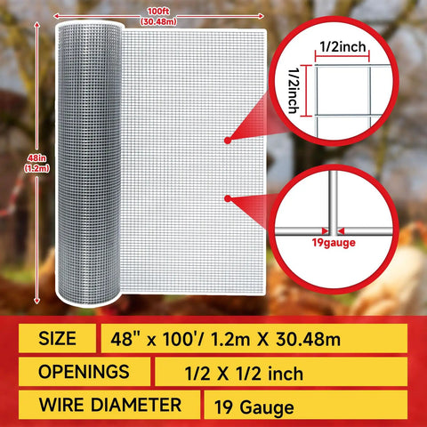 Heavy Duty Hardware Cloth With One Half Inch Square Openings, 48 Inch By 100 Foot Roll, 19 Gauge, Double Layer Hot Dip Galvanized After Welding