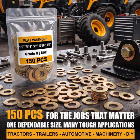 Heavy Duty Grade 8 SAE Flat Washer Set 150 Pcs Kit With 30 Pieces Each In Quarter Inch Five Sixteenths Inch Three Eighths Inch Seven Sixteenths Inch And Half Inch Alloy Steel Washers Built To Last Tough As Nails For DIY Auto Home Projects, flat washers in bag