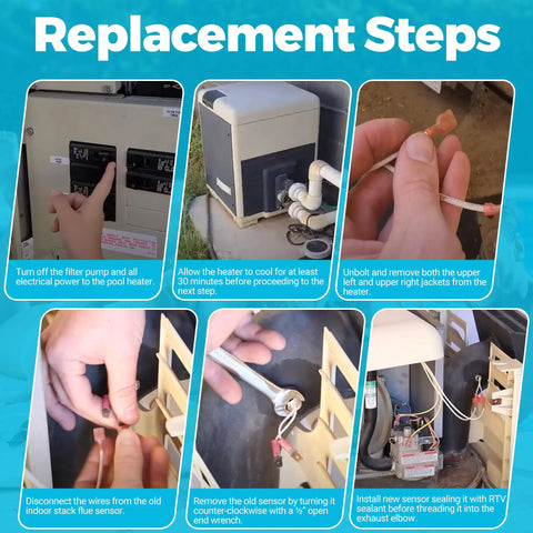 Replacement steps for Stack Flue Sensor Replacement for Pentair MasterTemp and Sta Rite pool heaters, showing installation process.