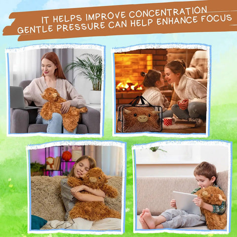 Collage showing usage of a Weighted Highland Cow Lap Pad For Relaxation And Chill, 5lb Sensory Plush Blanket For Naps and Home.