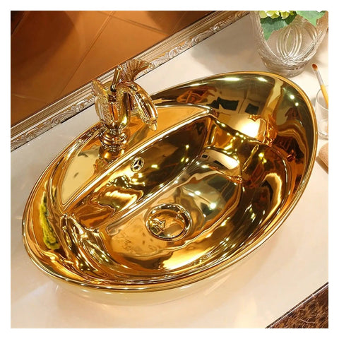 Countertop Bathroom Sinks Ceramic Wash Basin Golden Sink Bathroom Countertop Sinks Hotel Ceramic Art Basin Vessel Sink close-up view.