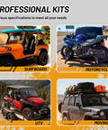 Professional kits for surfboards, motorcycles, UTVs, and moving; vehicles equipped with Heavy Duty Auto Retracting Tie Down Straps 