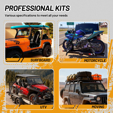 Professional kits for surfboards, motorcycles, UTVs, and moving; vehicles equipped with Heavy Duty Auto Retracting Tie Down Straps 