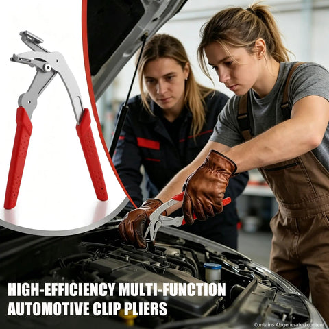 2 Pack Auto Clip Pliers Set With 100 Universal Retainer Clips in use on car engine