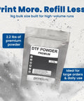 Hot Melt DTF Adhesive Powder For Transfers, 2.2 lb pack, shown with packaging details and powder splash background.