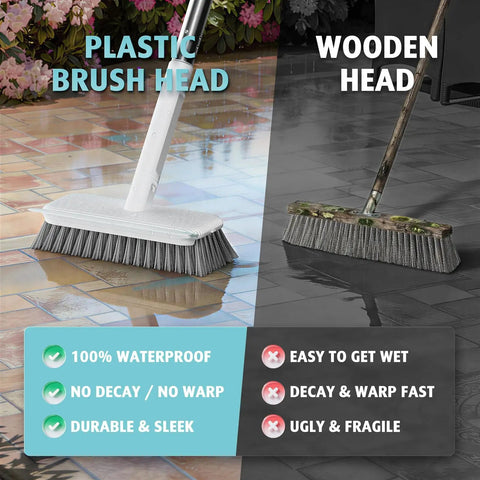 Heavy Duty Floor Scrubber With Long Ergonomic Handle And Stainless Steel Wire Bristles For Outdoor Cleaning On Concrete Patios Decks Garages And Gardens Waterproof Rust Resistant Built To Last, comparing plastic and wooden brush heads