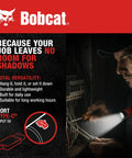Person using a flashlight in a dark workspace with Bobcat logo and text emphasizing versatility and Type-C charging.