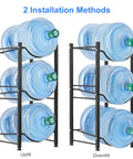 Four Tier 5 Gallon Water Jug Rack Stand For Home And Office, two installation methods with filled bottles on a black metal frame.
