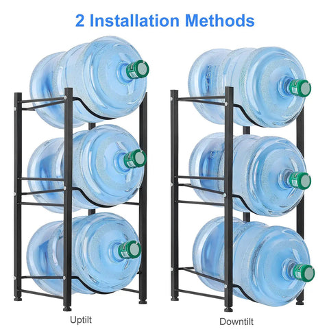 Four Tier 5 Gallon Water Jug Rack Stand For Home And Office, two installation methods with filled bottles on a black metal frame.