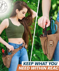 Woman wearing Full-Grain Leather Garden Utility Belt For Women, Florist Tool Holster And Gardening Apron With Hammer Holder