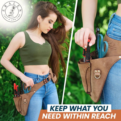 Woman wearing Full-Grain Leather Garden Utility Belt For Women, Florist Tool Holster And Gardening Apron With Hammer Holder