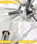 Close-up of 12 Lights Modern Firework Crystal Chandelier With Lit Dandelion Design Chrome Finish showing G9 lamp holder and crystal beads.
