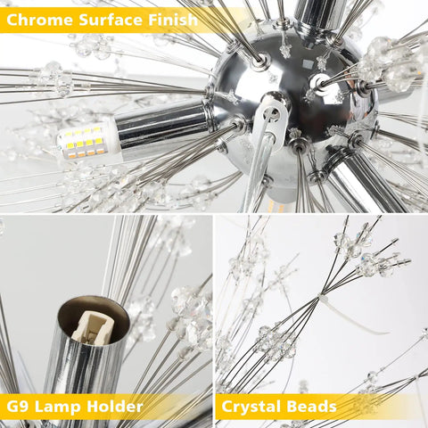 Close-up of 12 Lights Modern Firework Crystal Chandelier With Lit Dandelion Design Chrome Finish showing G9 lamp holder and crystal beads.
