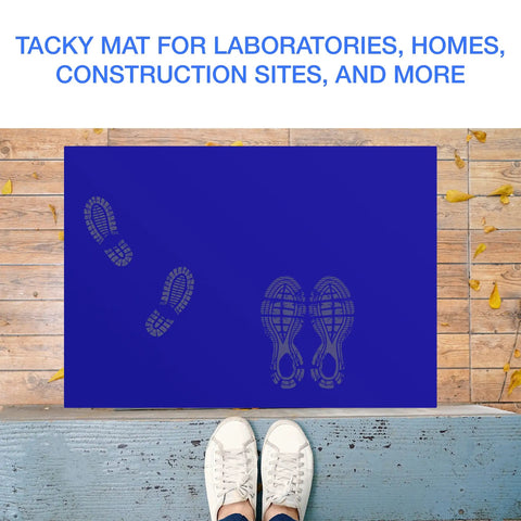 Sticky Adhesive Mats For Shoes And Equipment Wheels 24 By 36 Inch Heavy Duty Floor Mats Pack Of 150 Sheets Blue Great For Labs Homes Construction Sites And More Dust And Dirt Removal blue mat with shoe prints on wooden floor