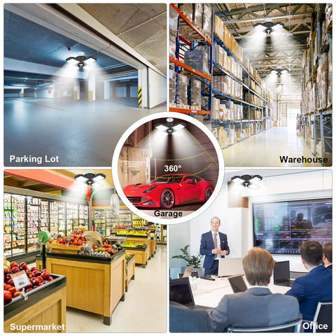 Deformable 120W LED Garage Light Four Panel Ceiling Fixture illuminating diverse spaces like garage, warehouse, supermarket, and office.