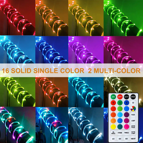 33 Ft Solar Rope Lights Outdoor Waterproof With Remote And Timer, showcasing 18 color modes with remote controls