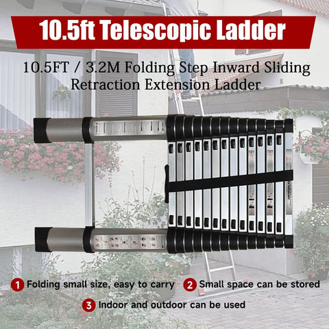 10.5 Foot Telescoping Aluminum Ladder, Folding Go-To Tool, Non Slip Multi-Use Step and Extension Ladder, Inward Sliding Collapsible Design, Easy Open and Close, Compact Storage, Supports Up to 330 Lbs for Home Garage and Outdoors