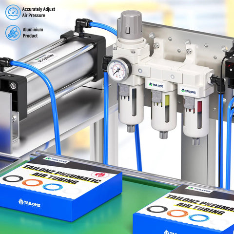 Three Stage Pneumatic Air Drying System With Three Eighths Inch NPT Port And One Eighth Inch Gauge Port Includes Particulate Filter And Air Filter Pressure Regulator Combo Piggyback Gauge Semi Auto Drainage For Air Compressors And Tools setup with air tubing and gauge displayed.