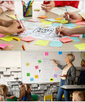 Bulk 60 Pads Sticky Notes 3 By 3 Inches 75 Sheets Each In 12 Colors on classroom table and teacher using memo pads on whiteboard