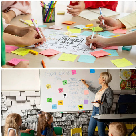 Bulk 60 Pads Sticky Notes 3 By 3 Inches 75 Sheets Each In 12 Colors on classroom table and teacher using memo pads on whiteboard