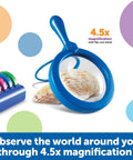 Blue magnifier from Six Jumbo Science Magnifiers With Stand For Kids Ages 3 Plus, Durable Plastic Lenses beside seashell.