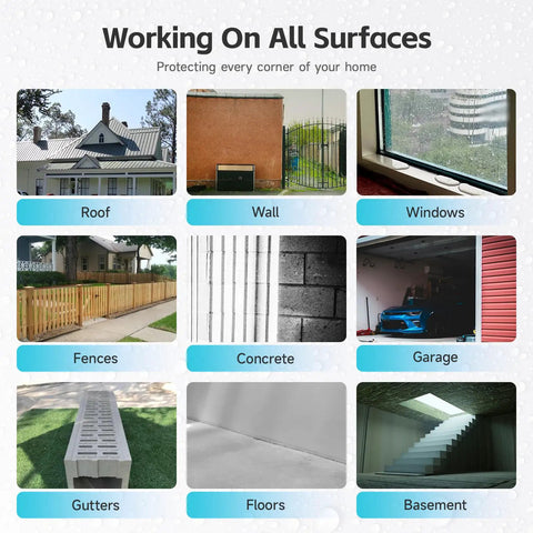 Superior Transparent Waterproof Coating And Invisible Sealant For Quick Leak Closure On Roofs Windows Or Driveways With A Flexible Protective Film Locked In Tight Zero Sweat Guarantee on various surfaces including roofs and walls.