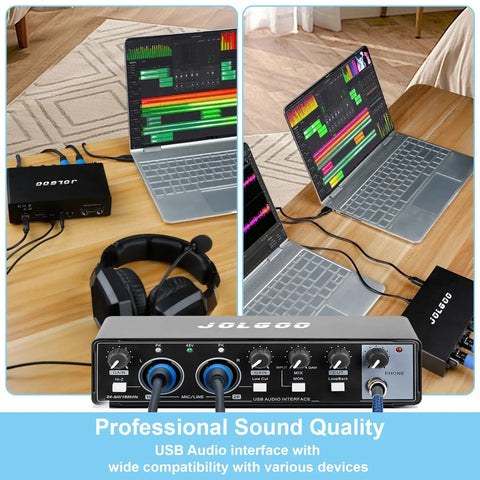 2x2 USB Audio Interface with Phantom Power connected to laptops, used for home studio vocals and acoustic guitar recording