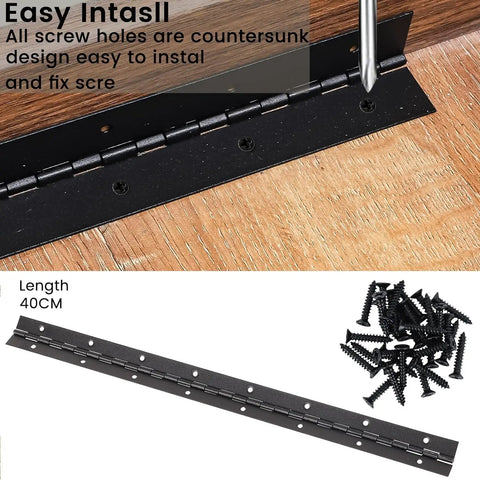 Built Tough 16 Inch Stainless Steel Piano Hinges 2 Pack Heavy Duty Continuous Barrel Hinges For Cabinet Doors And Secure Gates Includes Mounting Screws Slick Swing Guarantee with installation screws on wood.