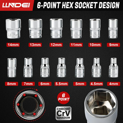 1/4 Inch Drive Socket Set With Ratchet Wrench Metric 4-14mm Sockets 57 Plus 1 Piece All In One Magnetic Pickup Tool