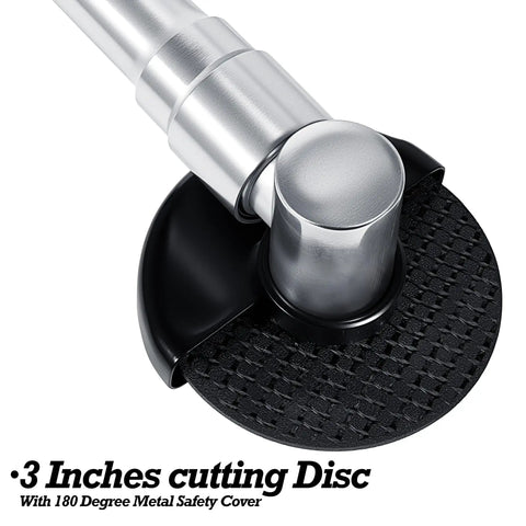3 Inch Pneumatic Cut Off Tool With Extended Handle And Stepless Speed Dial Runs Cool And Cuts Through Welds Fast Spinning 18000 Rpm For Auto Body Repair And Metal Grinding Built From Solid Aluminum Alloy And Plugs Right Into Shop Compressor close-up of cutting disc and safety cover.