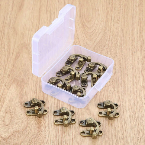 Old School Vintage Iron Key Hasp Lock Set 10 Pieces 29x33mm Antique Bronze Horn Style Decorative Latch Hasps in plastic box