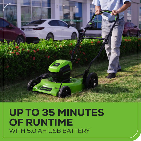 40V Cordless Push Lawn Mower With 19 Inch Steel Deck, 5.0Ah Battery And Charger Included, Up To 35 Minutes Run Time, Lightweight Yet Durable, No Gas, Easy Start And Clean Cut For Dense Lawns. man mowing grass