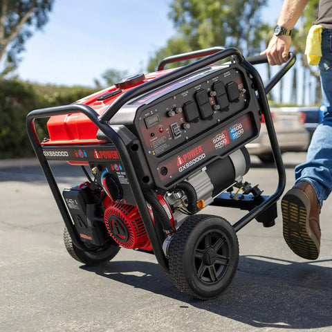 Powerhouse 5000 Watt Portable Generator Gas And Propane With CO Sensor Shutdown being moved on wheels outdoors