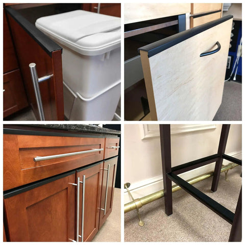 Matte Black Three Quarter Inch Styrene U Channel And C Channel Edging Strips 36 Inch Long Pack Of 4 Scratch Resistant Plastic Trim visible on furniture edges in various angles.