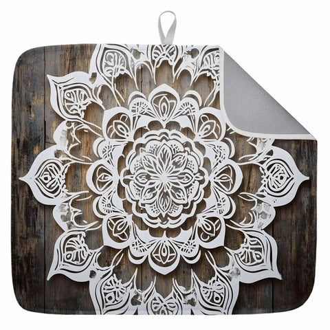 Dish Drying Mat With Abstract Flowers In White For Kitchen Counter Must Have Absorbent Microfiber Surface With Cushioned Drying Layer Machine Washable Vintage Wood Grain Look 16 By 18 Inches