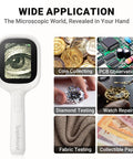 Autofocus Microscope With 2.8 Inch IPS Screen, Snap Photos And Videos, Easy Auto Focus, Dual LED Lighting, Crystal Clear Magnification, Perfect For Kids, Students, Hobbyists And DIY Makers showing coin, PCB, diamond, watch, fabric and paper testing