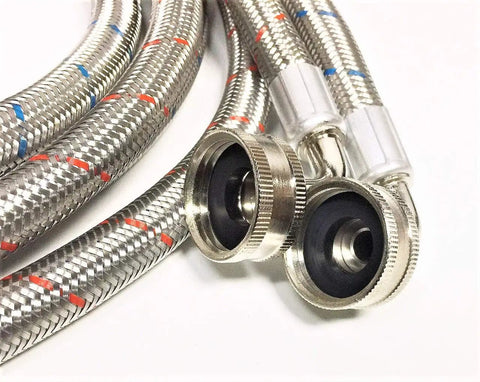 Two Pack Premium Stainless Steel Washing Machine Hoses, Four Feet Each, 3/4 Inch 90 Degree Elbow Connectors, Red Hot Water Line And Blue Cold Line