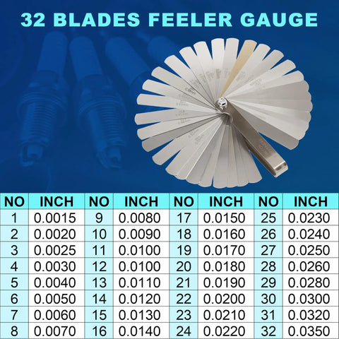 Spark Plug Gap Tool With 32 Blade Steel Feeler Gauge, Universal Fit For Most 10mm 12mm 14mm And 16mm Thread Spark Plugs, No Fuss Easy To Use Gap Tool For Quick Gap Adjustment, Red, displayed with blades open in a fan shape, with measurement chart below.