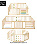 Natural Pine Wood Foldable Baby Playpen With 10 Expandable Panels And Built In Jumbo Activity Toys showcasing three setup angles.