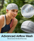 Cooling Skull Cap 2 Pack Under Cap With Breathable Mesh Helmet Liner For Motorcycle, Cycling, Running, shown in gray with close-up of mesh material.