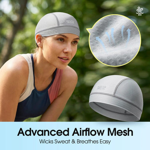 Cooling Skull Cap 2 Pack Under Cap With Breathable Mesh Helmet Liner For Motorcycle, Cycling, Running, shown in gray with close-up of mesh material.